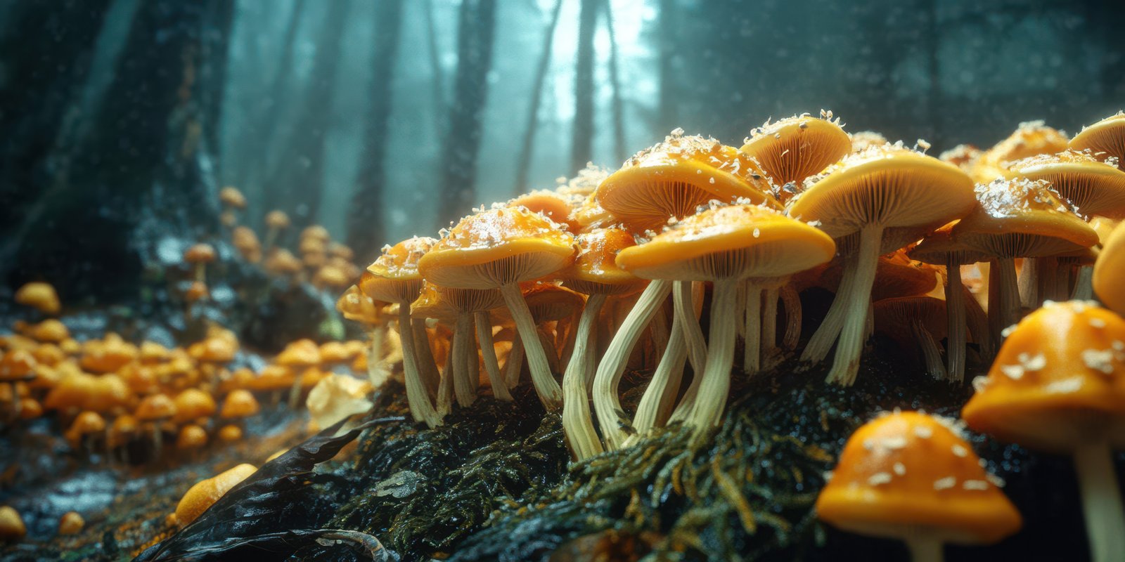 Vibrant orange mushrooms emerge from mossy ground in a misty forest during early morning light